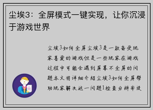 尘埃3：全屏模式一键实现，让你沉浸于游戏世界