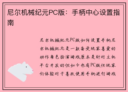 尼尔机械纪元PC版：手柄中心设置指南